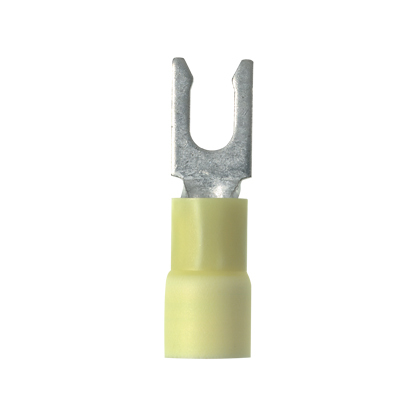 Panduit Pan-Term Fork - Locking Terminal; #12 - 10; #6 Stud; Yellow; Vinyl - Funnel Entry; 500 ct.